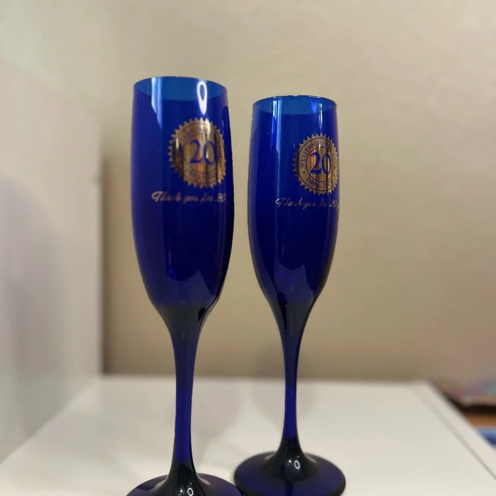 Western Sierra Bank 20th Anniversary Cobalt Blue Champagne Flutes Set of 2